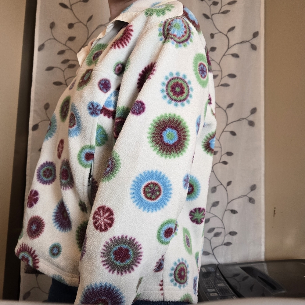 LL Bean Fleece Geometric Snap Pullover Size Medium Women's Pockets Floral Multi - Picture 3 of 8